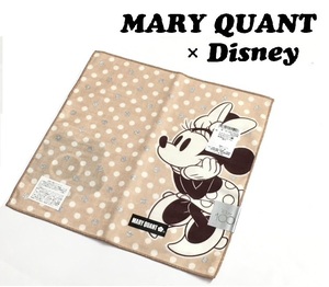 【MARY QUANT×Disney100】(NO.4317)マリークワント ディズニー　ガーゼハンカチ　ミニー　ベージュ水玉　両面プリント 未使用 23cm