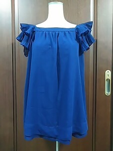 送料230円～【中古】ノースリーブ カットソー 袖フリル 紺色 美シルエット レディース 9号 M 春夏物 インナー トップス 美デコルテ 