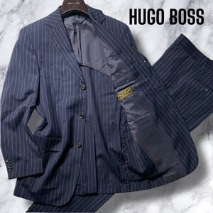 高級ロロピアーナ社製生地!!!極美品◎ HUGO BOSS スーツ セットアップ ストライプ ウール 上下 ビジネス ネイビー ヒューゴボス メンズ 44