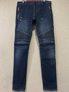 ※BALMAIN バルマン バイカー W7H9529T022 蛇腹 ストレッチ デニムパンツ 濃いインディゴ 日本製 33 　　 BJBC.B