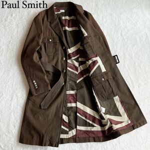 【美品】 ポールスミス PaulSmith 【圧巻の裏地】ユニオンフラッグ 銀ボタン ベルト付き チェスターコート ブラウン メンズ サイズL 秋冬