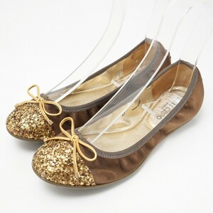 MG3820*イタリア製*JIMMY CHOO ジミーチュウ*サテン×グリッター*バレエシューズ*フラットパンプス*Size 37*靴*ブラウン/ゴールド