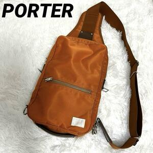 【希少】PORTER ポーター ボディバッグ オレンジ 白タグ ショルダーバッグ 斜め掛け ホワイトタグ メンズ レディース 修学旅行 通勤通学