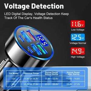 急速充電 電圧計付き 6ポート TYPE-C×2 3.1A×2 QC3.0 ブラック カーチャージャー シガーソケット USB 車 シガーライター 充電ソケット