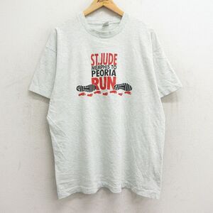 XL/古着 フルーツオブザルーム 半袖 ビンテージ Tシャツ メンズ 90s 足跡 RUN 大きいサイズ クルーネック 薄グレー 霜降り 24mar25 中