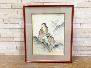 絵画 作者不明 ？ 菊慈童 絵 水彩画 額装 春慶陶額 赤 レッド インテリア 壁掛け 和 歴史 額寸47cm×56.5cm