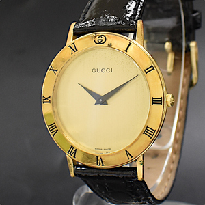 1円 ◆正規品 GUCCI グッチ メンズ腕時計 3001M クオーツ GP 革ベルト ゴールド文字盤◆E.Bupr.zE-31