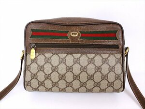 良品☆GUCCI【グッチ】シェリーライン GGロゴ PVCレザーショルダーバッグ☆ヴィンテージ☆ベージュ系×ゴールド金具☆ロゴ☆