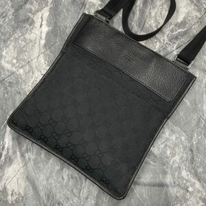 1円【極美品】GUCCI グッチ GGキャンバス 総柄 ショルダーバッグ サコッシュ ポシェット メンズ 斜め掛け レザー 本革 ブラック 黒色