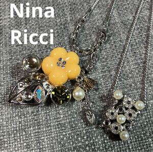 【m】美品 Nina Ricci ニナリッチ ブローチ ネックレス シルバーカラー フラワー 花 リーフ スクエア ストーン フェイクパール まとめ売り