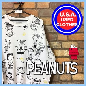 ME11-757★USA古着★オフィシャル品★【PEANUTS ピーナッツ】スヌーピーと仲間たち 総柄 スウェットシャツ トレーナー【M】白 SNOOPY