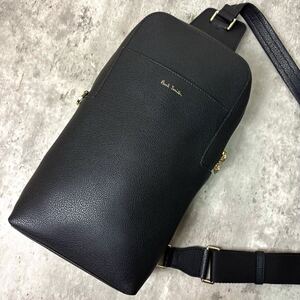 新品同様/現行近 ●Paul Smith ポールスミス メンズ ショルダーバッグ クロスボディ マルチストライプ ビジネス レザー 本革 ロゴ ブラック