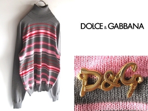 イタリア製 D&G DOLCE&GABBANA ドルチェ&ガッバーナ 金ロゴプレート ボーダー切替 ウール タートルネックニット セーター 32/46 グレー