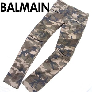 14AW BALMAIN バルマン 迷彩 カモフラ 蛇腹 バイカー デニム パンツ 28 W4HT500C653