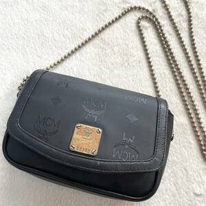 【希少/美品】 エムシーエム MCM ショルダーバッグ ポシェット ボディ ボールチェーン ヴィセトス 黒 ゴールド金具 レザー PVC ビジネス