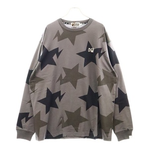 A BATHING APE アベイシングエイプ ロゴワッペン スター プリント クルーネック 長袖Tシャツ カットソー グレー/ブラック 001LTH801005M