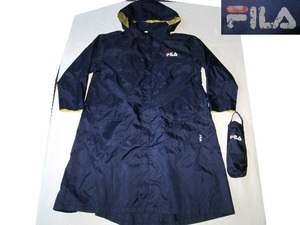 ★中古品 FILA フィラ KIDS ロング丈 レインコート 収納袋付き 120 身長115~125cm 紺 ナイロン 後ろマチ付 合羽 雨具 携帯 キッズ 子供服★