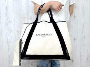 美品 BALENCIAGA バレンシアガ ネイビーカバス M トートバッグ ハンドバッグ バッグ レザー×キャンバス ナチュラル×黒 A4可 73281