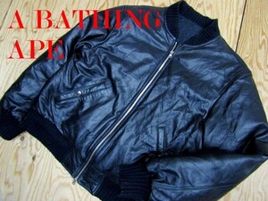 難あり★ベイシングエイプ A BATHING APE★牛革カウハイド レザーダウンジャケット ブラック★R61229006C