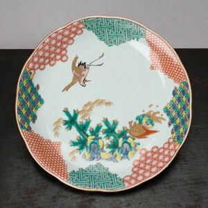 【千e321】伊万里 色絵 古い皿 幅約28.5cm　鶴・亀・松の図　尺皿 大皿