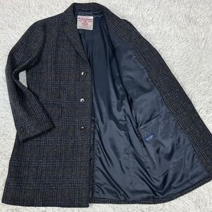 極美品 Lサイズ 【ハリスツイード 日本製】HARRIS TWEED チェスターコート シングル ロング丈 グレンチェック ビジネス スーツ ネイビー 紺