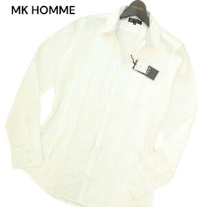 【新品 未使用】 MK HOMME ミッシェルクラン オム 通年 斜めストライプ★ 長袖 スリム シャツ Sz.48　メンズ 白　A4T08130_7#C