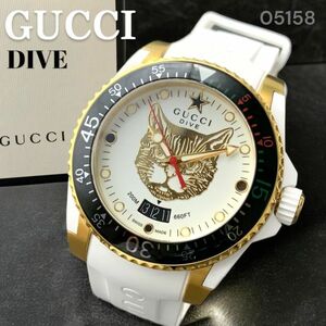 保証書付き 大人気 グッチ/GUCCI ダイブ/DIVE 猫 40mm YA136322 メンズ腕時計 デイト シルバー スイス製 男性 CAT ホワイト盤面