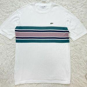 美品 ラコステ LACOSTE クルーネック 成形横編み 半袖 ニット Tシャツ FR 4(日本L) ホワイト カットソー シャツ ライン入り 