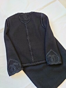 CHANEL★USED美品★シャネル スーツ３６黒/ノーカラー・ツイード・ハート・ジャケット・スカート