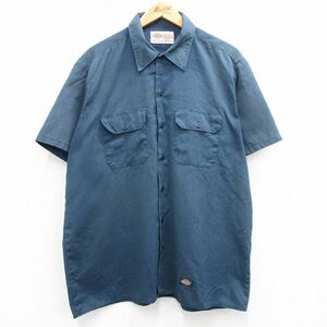 XL/古着 ディッキーズ Dickies 半袖 ワーク シャツ メンズ 90s ロング丈 紺 ネイビー 24mar13 中古 トップス