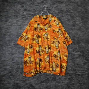 S158 90s GEORGE Beer & Palm Tree Pattern rayon Aloha Shirt ビール&ヤシの木 総柄 レーヨン とろみ アロハ シャツ XL