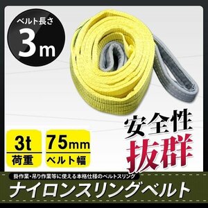 ★送料無料★ ナイロンスリングベルト 3m×3000kg×幅75mm　耐荷重3ｔ 1本 ★荷揚げ 吊り上げ 吊り下げ 玉掛け運搬に!