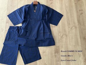 新品 COMME CA MEN コムサメン 猛暑OK！綿100% 和柄 甚平 セットアップ パジャマ ルームウェア 230ネイビー Mサイズ