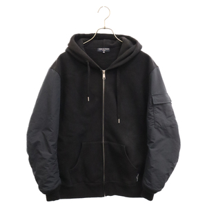 コムデギャルソンオム 23AW NYLON TWILL ZIP HOODIE HL-T026 ナイロン切替 タグロゴ ジップアップフーディー ブラック