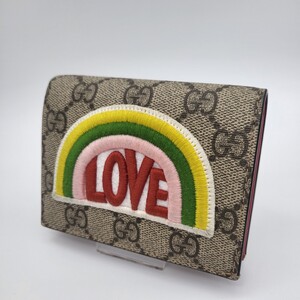 GUCCI グッチ 2つ折り財布 折り財布 財布 LOVE ベージュ レッド GGスプリーム レザー