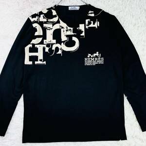 【極美品/XL】エルメス HERMES 長袖Tシャツ ロンT メンズ ブラック 黒 コットン 綿 ロゴ 馬車 大きいサイズ