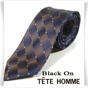 新品1円～★Black On TETE HOMME テットオム シルク絹100% ネクタイ 織柄 ネイビー ブラウン 正規店本物◆8516◆