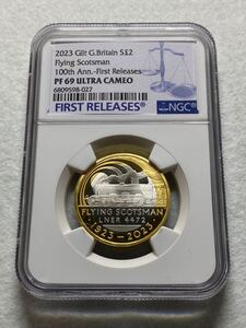 1円出品！売り切りです！2023年 英国 2ポンド金メッキプルーフ銀貨 フライングスコッツマン PF69UC＆ファーストリリース 準最高鑑定品！