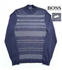 最高級【定価3.5万超】HUGO BOSS ヒューゴボス ウール ハイネックニット L ボーダー Edgarro ロゴ メンズ 送料520円 ネイビー×グレー