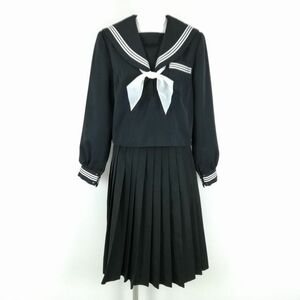 1円 セーラー服 スカート スカーフ 上下3点セット 大きいサイズ 冬物 白3本線 女子 学生服 愛媛伯方中学 黒 制服 中古 ランクC NA8757