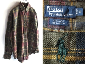 希少 良好 90sビンテージ Polo by Ralph Lauren ラルフローレン CASCADE ロゴ刺繍 チェックネルシャツ BDシャツ M RN41381正規品 USA企画