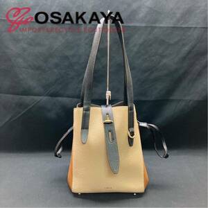 中古美品 FURLA NET M TOTE 215042 グレインカーフレザー グレージュ コニャック ネロ ターンロック ドローストリング 肩掛け フルラ