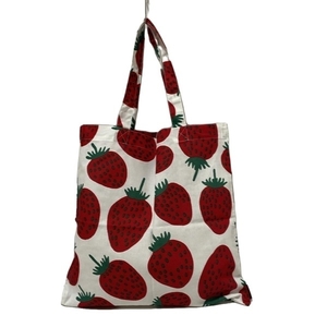 マリメッコ marimekko トートバッグ - コットン 白×レッド×ダークグリーン ストロベリー(イチゴ)柄 美品 バッグ