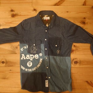 ★レア 希少 A BATHING APE アベイシングエイプ 切り返しデニム生地・迷彩 プリント Denim Shirt/ デニムシャツ カモフラ サイズM bape★