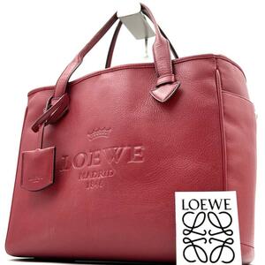 《美品》LOEWE ロエベ ヘリテージ エンボスロゴ レザー トートバッグA4収納可 チャーム レッド 手提げ