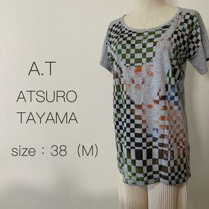 A.T ATSUROTAYAMA　アツロウタヤマ 　グラフィック柄ロング丈Tシャツ　38　М　レディース　グレー