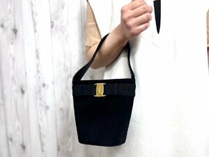 極美品 Ferragamo フェラガモ ヴァラリボン ハンドバッグ バッグ スエード×レザー×ナイロンキャンバス 黒 72028Y