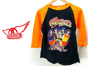 エアロスミス ☆ AEROSMITH ☆ ヴィンテージ ブラック × オレンジ 両面プリント ラグラン Tシャツ Mサイズ バンドT ロック アメカジ●J