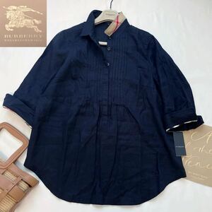 ★大きいサイズ★新品タグ付★バーバリー BURBERRY 46/15号/XL-3L ピュアリネン100%☆メガチェックコンビチュニックロングシャツ 麻素材