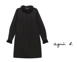 定価3.7万 agnes b. フリルカラーロングシャツ 黒 ワンピース アニエスベー ブラウス